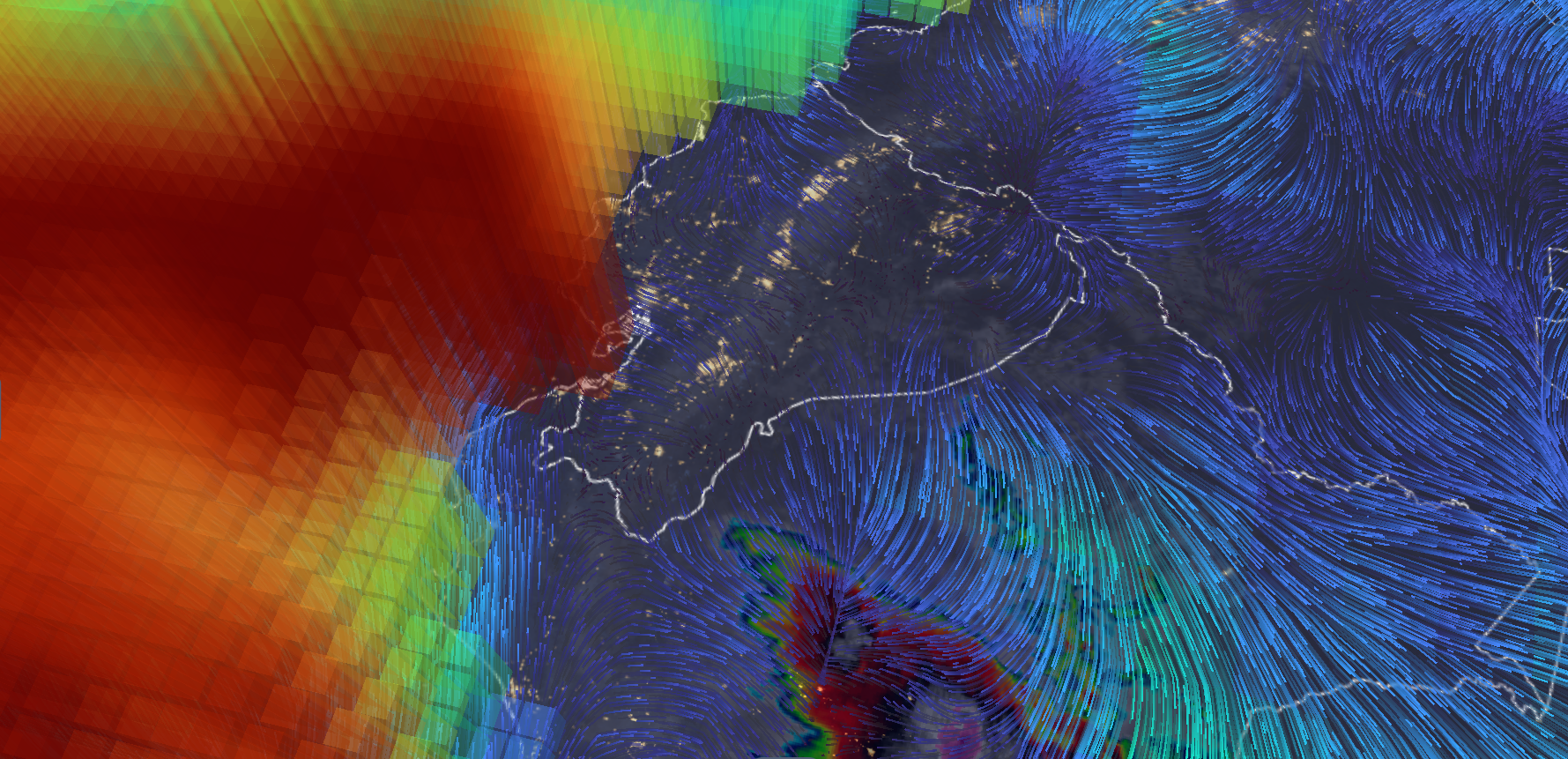 Climate visualization: 3D sea surface temperature, wind streamlines, and infrared satellite imagery over Ecuador and the tropical Pacific